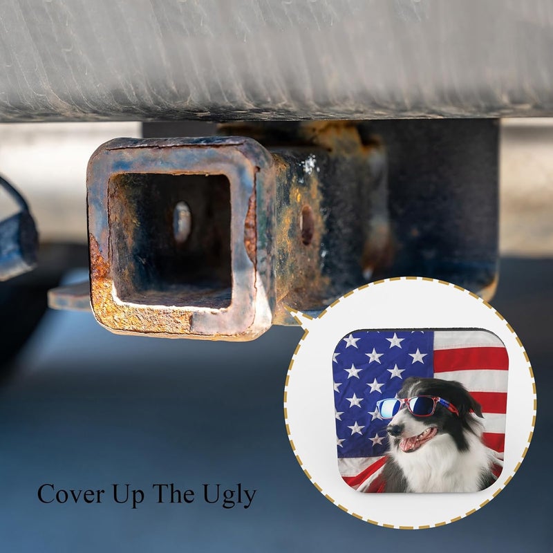 Tnomchey Dog Hitch Covers Cute Border Collie Wear Sunglasses USA Flag Pet Patriotic Black Square Towing Hitch Covers 2” Heavy Duty Trailer Hitch Tube Cover Plug Cap Rubber For Most Vehicles SUV Pickup - Image 4